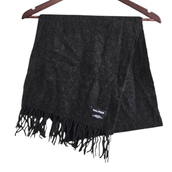 Nautica Gray 100% Lambswool Wide Fringe Scarf - Picture 1 of 5